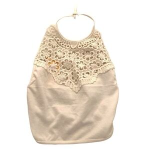 Reverse Women's Juniors Size Medium Crochet Tie Back Crop Top White Halter #9687